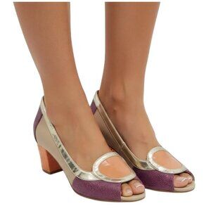 Rara Avis Women's Tan Purple Orange Block Heel Peep Toe Pumps Size 7 M